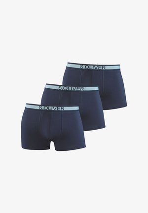 Navy blue cotton boxer shorts, three-pack, featuring a light blue elastic waistband with "S.OLIVER" logo. Smooth texture and fitted design.