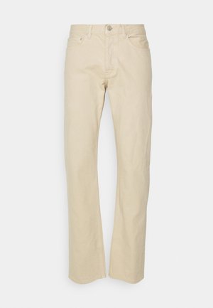 Beiget suoralahkeiset housut, joissa on etu- ja takataskut, nappi- ja vetoketjukiinnitys, valmistettu denim-kankaasta.