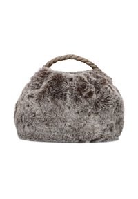 Borsa in pelliccia sintetica grigia con una texture morbida, caratterizzata da una maniglia intrecciata e una silhouette arrotondata. Design morbido e voluminoso.