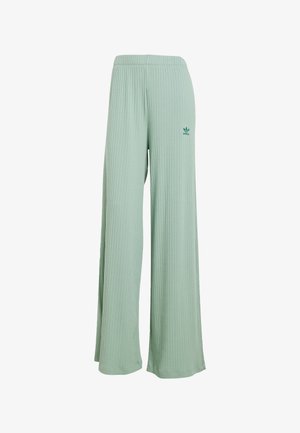 Jasnozielone, ryżowane spodnie o szerokich nogawkach z elastycznym paskiem w talii i małym haftowanym logo. Miękka faktura i luźny krój.