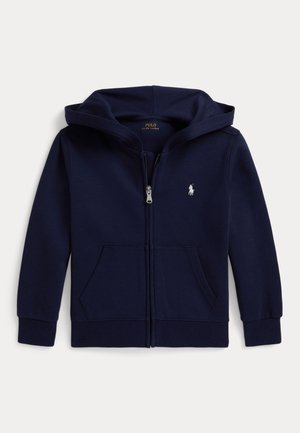 Granatowa bluza z kapturem na zamek błyskawiczny, z przednimi kieszeniami, długimi rękawami, kapturem i małym białym logo Polo Ralph Lauren na piersi.