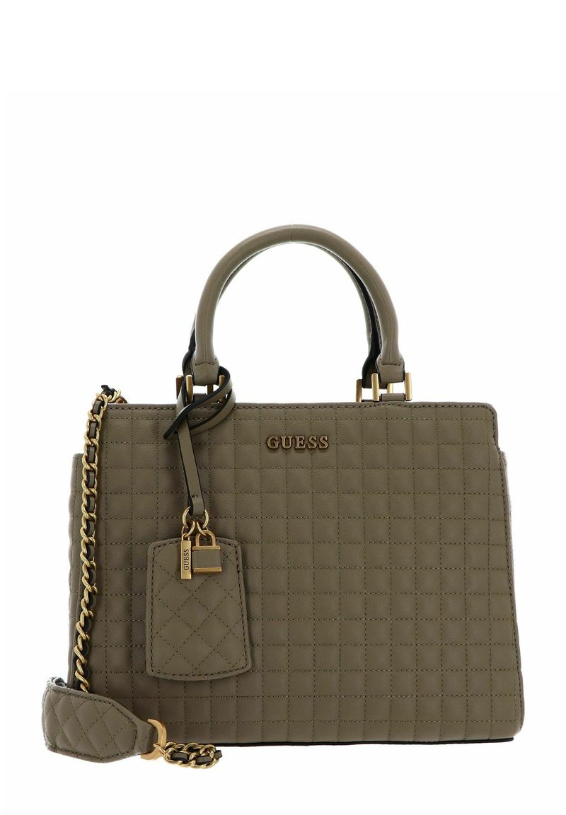 Borsa a tracolla trapuntata color khaki con manici superiori e una tracolla a catena dorata staccabile, dotata di un’etichetta con logo e dettagli in metallo dorato.