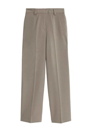 Beige Hose mit geradem Bein, vorderen Falten, Gürtelschlaufen und verdecktem Reißverschluss, auf weißem Hintergrund präsentiert.