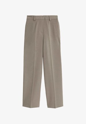 Beige recht toelopende broek met voorplooien, riemlussen en een verborgen ritssluiting, getoond op een witte achtergrond.