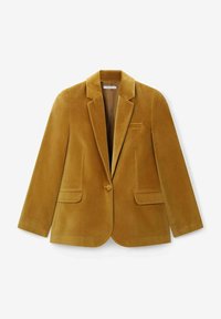 Blazer en velours jaune moutarde avec un col cranté, fermeture à un bouton, deux poches avant et une finition texturée.