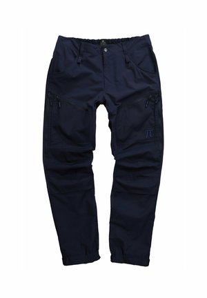 Marineblå udendørsbukser med elastisk talje, flere lynlås-lommer og forstærket syning. Fremstillet af slidstærkt, vandafvisende materiale.