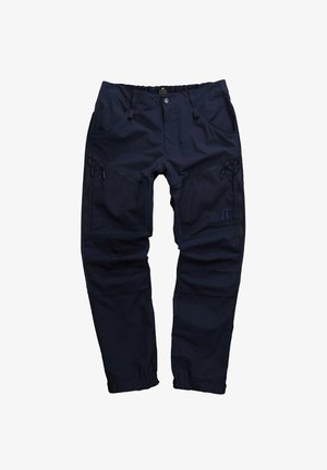 Marineblauwe buitenbroek met elastische tailleband, meerdere ritszakken en versterkte stiksels. Gemaakt van duurzaam, waterafstotend materiaal.