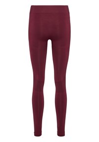 Leggings color burdeos con un ajuste ceñido, que presentan paneles texturizados y una cinturilla acanalada. Material liso con un diseño elegante y aerodinámico.