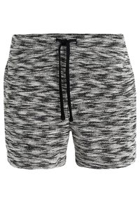 Shorts en tricot marbré noir et blanc avec un cordon de serrage noir à la taille élastique.