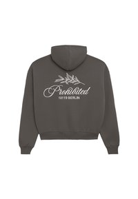 Hoodie cropped gris avec un texte "Interdit" en blanc et un motif de laurier au dos, avec des poignets et un ourlet côtelés.