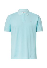 Lichtblauw polo-shirt, textuurstof, korte mouwen, klassieke kraag, twee knoopsluiting, klein logo op de borst.