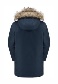 Námořnická modrá parka s odnímatelným umělým kožíškem na kapuci, zipovým zapínáním, elastickými manžetami a střední délkou. Hladká textilie.