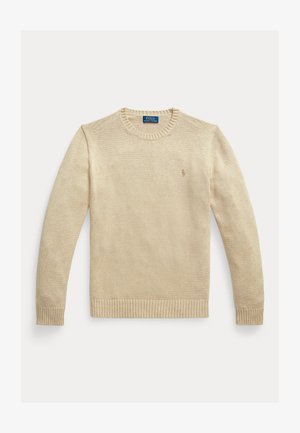 Beige knit sweater with a crew neck, ribbed cuffs and hem, featuring a small logo on the left chest. Soft texture and lightweight design.