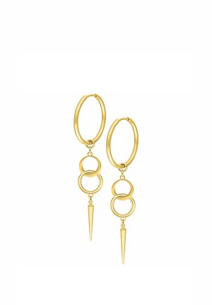 Goldene Creolen mit doppelten Kreisgliedern und verlängerten Spike-Anhängern, die von jedem Ring hängen.