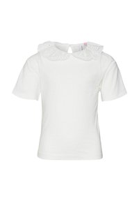 T-shirt bianco a maniche corte con scollatura rotonda e colletto decorativo in pizzo ad occhiello. Apertura a chiave sul retro, tessuto di cotone morbido.