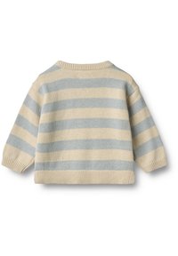 Pull en maille rayé avec des rayures alternées bleu clair et crème, col rond et poignets côtelés pour une texture et un ajustement parfaits.