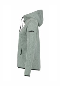 Giacca con cappuccio di colore verde chiaro con un motivo geometrico, cordini regolabili e tasca laterale con zip. Presenta un orlo nero a contrasto.