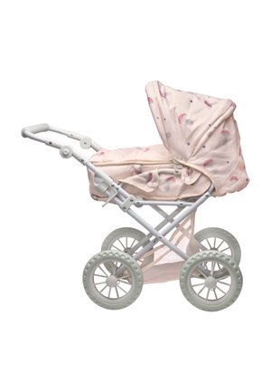 Różowy wózek dziecięcy z budką w wzór grzybów i białą ramą, wyposażony w cztery duże koła i siatkowy kosz do przechowywania pod spodem.