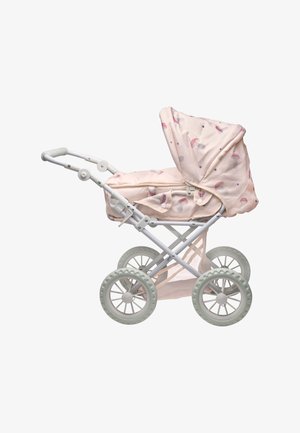 Poussette rose pour enfant avec canopy à motif champignon et cadre blanc, dotée de quatre grandes roues et d'un panier de rangement en filet en dessous.