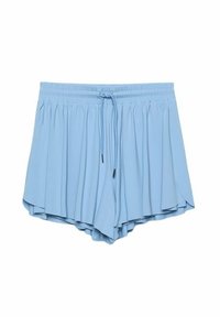 Pantaloni corti plissettati azzurro chiaro con cintura elastica e cordino. Tessuto morbido con un design fluido e tasche laterali.