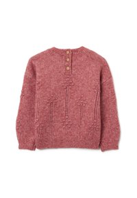 Pullover rosso a maglia con un motivo testurizzato. Presenta tre bottoni di legno sulla parte posteriore del collo e polsini e orlo a coste.