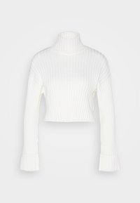 Weißer, gerippter Rollkragenpullover mit langen Ärmeln, gekürztem Schnitt und ausladenden Bündchen. Aus einem strukturierten Strickmaterial gefertigt.