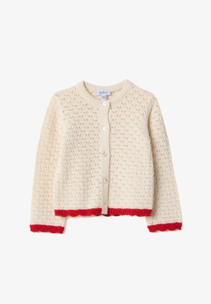 Babystrickjacke in Creme mit roten gewellten Kanten und weißen Knöpfen vorne, Größe für 12-18 Monate.