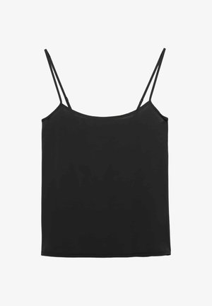Schwarzes ärmelloses Camisole-Top mit dünnen, verstellbaren doppelten Schulterträgern und geradem Ausschnitt vor weißem Hintergrund.