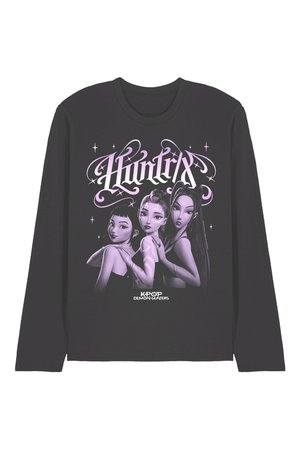 Black long-sleeve shirt with purple illustration of three stylized female characters, text "HuntRx" above and "KPOP Demon Hunters" below.