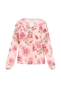 Blusa floreale rosa con maniche lunghe, scollatura a V, chiusura con bottoni e polsini arricciati. Presenta grandi fiori rosa vivaci su uno sfondo chiaro.