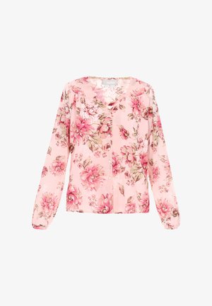 Bluză florală roz cu mâneci lungi, decolteu în V, deschidere cu nasturi și manșete bufante. Prezintă flori roz mari și vibrante pe un fundal deschis.