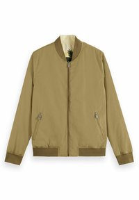 Khakifarbene Bomberjacke aus glattem Gewebe, mit Reißverschluss vorne, gerippten Bündchen und Saum sowie Seitentaschen. Das Innenfutter hat einen tropischen Druck.