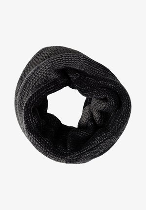 Écharpe infinie en maille gris foncé avec un motif texturé, disposée en boucle circulaire sur un fond blanc.