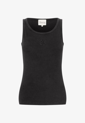 Débardeur noir à côtes avec une coupe ajustée, encolure dégagée et un subtil détail floral brodé sur la poitrine. Tissu en coton doux.