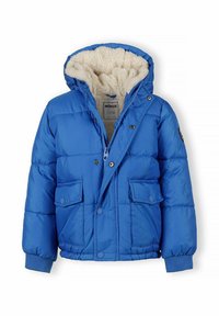 Mėlyna pūkinė striukė su kapišonu, viduje išklota fliso medžiaga, dvi priekinės kišenės, mygtukų užsegimas ir elastiniai rankogaliai šilumai ir komfortui.