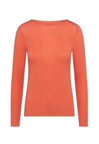 Top a maniche lunghe di un vivace colore corallo, realizzato in tessuto leggero e morbido, con scollatura rotonda e forma aderente.