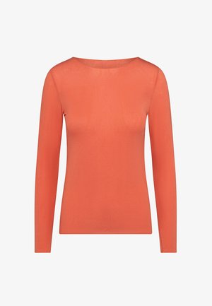Long-sleeved top in a bright coral color, made from lightweight, smooth fabric with a rounded neckline and fitted shape.