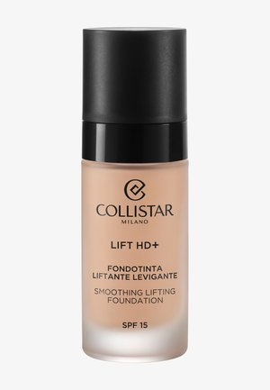 Flacon de fond de teint liftant lissant Collistar Milano Lift HD+ avec SPF 15, liquide beige dans un verre dépoli, bouchon noir.