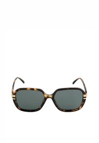 Schildpatt-Sonnenbrille mit quadratischer Form, grauen Gläsern und goldenen Hardware-Akzenten. Verfügt über dicke Rahmen mit glänzender Oberfläche.