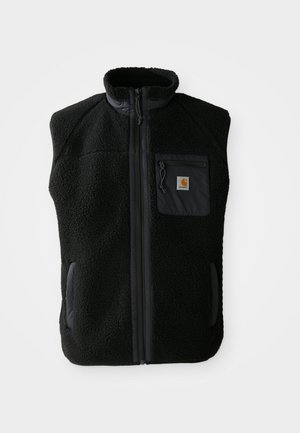Zwarte fleece vest met hoge kraag, ritssluiting aan de voorkant en een borstzak. Heeft een textuurstof en zijzakken met zwarte accentueringen.