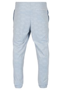 Light blue jogger pants made of soft fabric with a subtle pattern, featuring side pockets and elastic cuffs at the ankles.