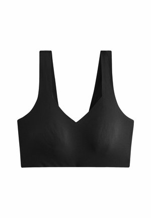 Sorte bh med brede stropper, V-hals design, fremstillet af glat stof. Har et sømløst udseende uden synlige lukninger eller polstring.