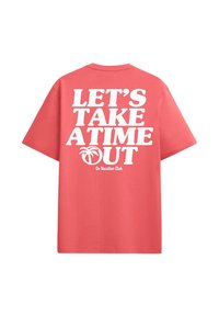 Coral T-shirt with short sleeves, featuring large white text: “LET’S TAKE A TIME OUT” and a palm tree graphic. Soft cotton material.