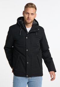 Schwarze Kapuzenjacke mit einem Frontreißverschluss, Druckknöpfen und zwei Seitenstaschen. Glattes Gewebe mit einer grau gefütterten Kapuze und Bündchen.