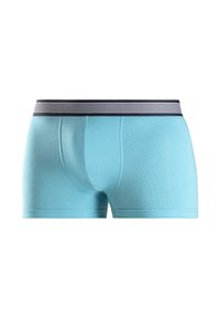 Light blue boxers made of soft fabric with a snug fit. Features a black and white striped elastic waistband and smooth seams.