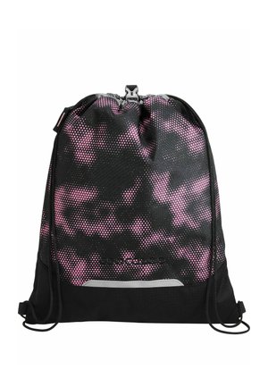 Schwarz-rosa Kordelzug-Rucksack mit Punktmuster, Verschluss mit oberer Clip-Schnalle und reflektierendem Streifen auf der unteren Vorderseite.