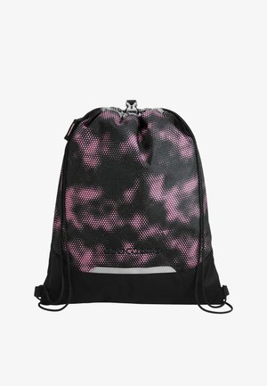 Schwarz-rosa Kordelzug-Rucksack mit Punktmuster, Verschluss mit oberer Clip-Schnalle und reflektierendem Streifen auf der unteren Vorderseite.