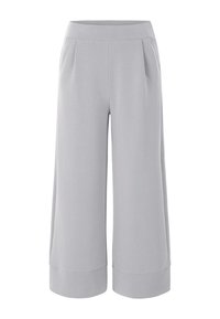 Lysegrå culottes lavet af blødt stof, med et bredt ben-design, plisseret front og kantede søm. Glat tekstur med minimalt detaljer.