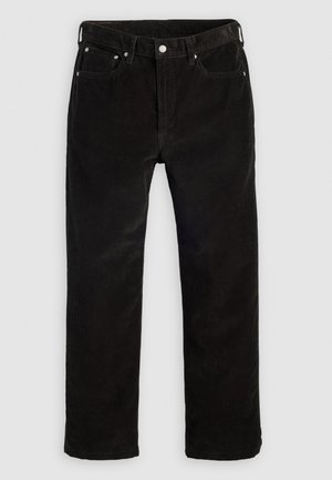 Pantalones rectos de pana negra con botón frontal, cremallera, trabillas para cinturón y diseño de cinco bolsillos sobre un fondo claro y liso.