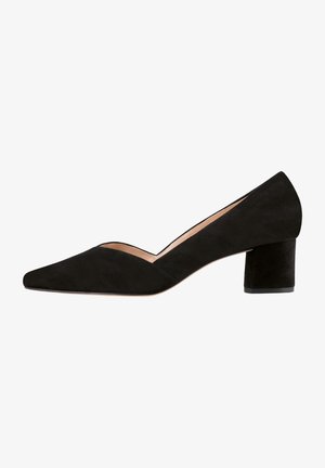 Black suede high-heeled shoe with a pointed toe, V-cut design, and a block heel. Features smooth texture and minimal hardware.